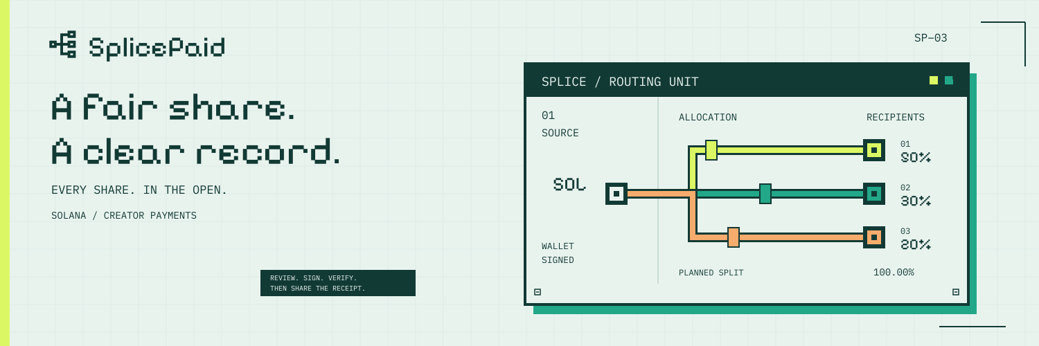 A fair share. A clear record. SplicePaid banner with a three-channel routing instrument